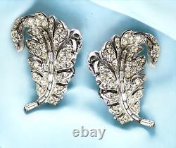 Rare 1955 Trifari Royal Plume Alfred Philippe Pave Rhinestone Clip Earrings