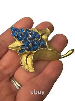 Rare Alfred Philippe Crown Trifari Lily flower Gold Blue crystal brooch 1950s