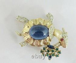 Rare Alfred Philippe Vintage TRIFARI Turtle With Floral Bouquet Blue Cabochon