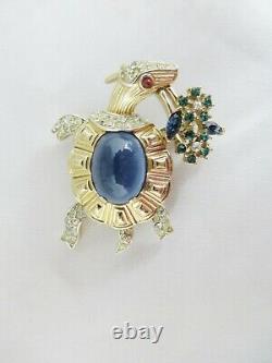 Rare Alfred Philippe Vintage TRIFARI Turtle With Floral Bouquet Blue Cabochon