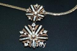 Rare CROWN TRIFARI Baguette Rhinestone Snowflake Pendant Necklace Earring Set