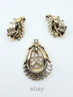 Rare Crown Trifari Alfred Philippe Antique Gold Tone Crystal Brooch Earring Set