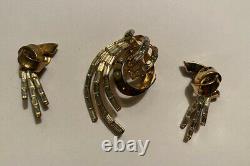 Rare Crown Trifari Alfred Philippe Antique Gold Tone Crystal Brooch Earring Set