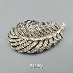 Rare Crown Trifari Alfred Philippe Pave and Baguette Rhinestone Feather Brooch