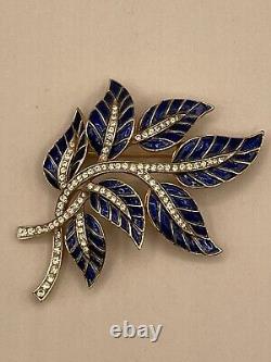 Rare Crown Trifari Alfred Philippe Rhinestone Enamel Blue Leaf Flower Brooch Pin