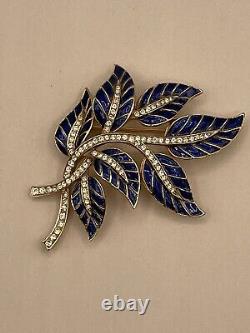 Rare Crown Trifari Alfred Philippe Rhinestone Enamel Blue Leaf Flower Brooch Pin