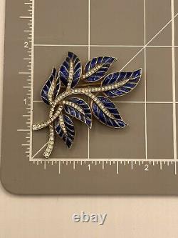 Rare Crown Trifari Alfred Philippe Rhinestone Enamel Blue Leaf Flower Brooch Pin