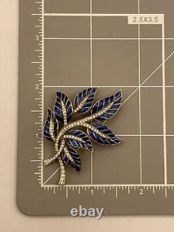Rare Crown Trifari Alfred Philippe Rhinestone Enamel Blue Leaf Flower Brooch Pin