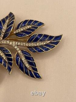 Rare Crown Trifari Alfred Philippe Rhinestone Enamel Blue Leaf Flower Brooch Pin