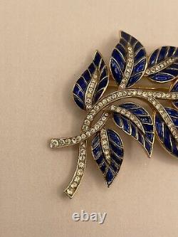 Rare Crown Trifari Alfred Philippe Rhinestone Enamel Blue Leaf Flower Brooch Pin