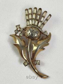 Rare Crown Trifari Alfred Philippe Thistle Brooch Pin Clear Rhinestone Gold Tone