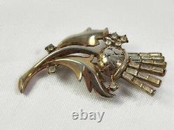 Rare Crown Trifari Alfred Philippe Thistle Brooch Pin Clear Rhinestone Gold Tone