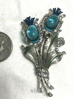 Rare Crown Trifari Philippe Figural Thistle Fur Pin Brooch Aqua Cabs & Enamel