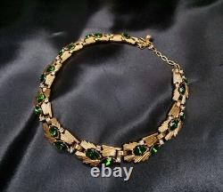 Rare Find Vintage Trifari 1950s Gold-Tone Necklace With Green Rhinestones & Clear