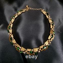 Rare Find Vintage Trifari 1950s Gold-Tone Necklace With Green Rhinestones & Clear