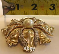 Rare Signed Crown Trifari Alfred Philippe Brooch Rhinestone Faux Pearl Mystique