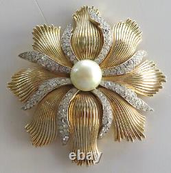 Rare Signed Crown Trifari Alfred Philippe Brooch Rhinestone Faux Pearl Mystique