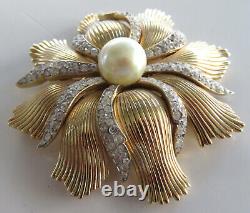 Rare Signed Crown Trifari Alfred Philippe Brooch Rhinestone Faux Pearl Mystique