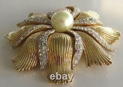 Rare Signed Crown Trifari Alfred Philippe Brooch Rhinestone Faux Pearl Mystique