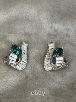 Rare TRIFARI Alfred Philippe 1940s Deco Emerald & Baguette Crystals Jewelry Set