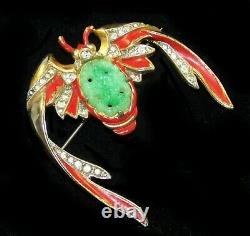 Rare TRIFARI'Alfred Philippe' Red Enamel and Jade Belly Ming Bat Pin