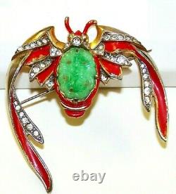 Rare TRIFARI'Alfred Philippe' Red Enamel and Jade Belly Ming Bat Pin