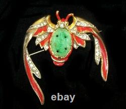 Rare TRIFARI'Alfred Philippe' Red Enamel and Jade Belly Ming Bat Pin