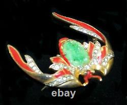 Rare TRIFARI'Alfred Philippe' Red Enamel and Jade Belly Ming Bat Pin