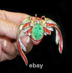 Rare TRIFARI'Alfred Philippe' Red Enamel and Jade Belly Ming Bat Pin