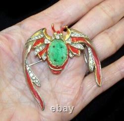 Rare TRIFARI'Alfred Philippe' Red Enamel and Jade Belly Ming Bat Pin