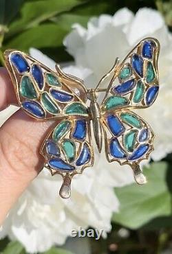 Rare Trifari Alfred Philippe Mosaics Green & Blue Poured Glass Butterfly Pin