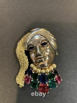 Rare Trifari Alfred Philippe Multi-Color Rhinestones Faux Pearl Lady Face Brooch