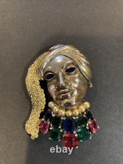 Rare Trifari Alfred Philippe Multi-Color Rhinestones Faux Pearl Lady Face Brooch