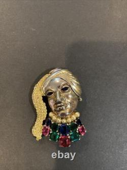 Rare Trifari Alfred Philippe Multi-Color Rhinestones Faux Pearl Lady Face Brooch