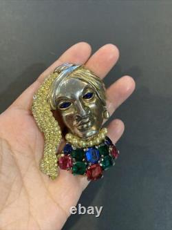 Rare Trifari Alfred Philippe Multi-Color Rhinestones Faux Pearl Lady Face Brooch