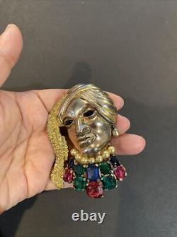 Rare Trifari Alfred Philippe Multi-Color Rhinestones Faux Pearl Lady Face Brooch