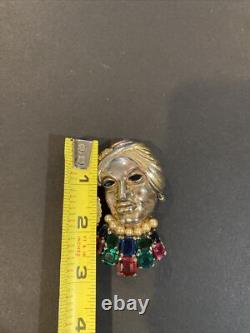 Rare Trifari Alfred Philippe Multi-Color Rhinestones Faux Pearl Lady Face Brooch