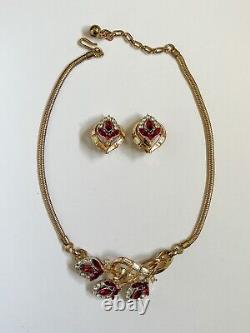 Rare Trifari Alfred Philippe Pat Pend Ruby Red Flirtation Necklace & Earrings