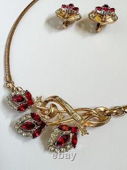 Rare Trifari Alfred Philippe Pat Pend Ruby Red Flirtation Necklace & Earrings