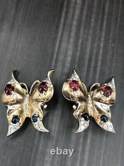 Rare Trifari Alfred Philippe Sterling Jeweled Cabochons Butterfly Brooch Set