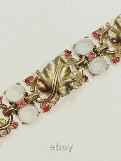 Rare Trifari Alfred Philippe Sterling Ruby Moonstone Leaf Bracelet