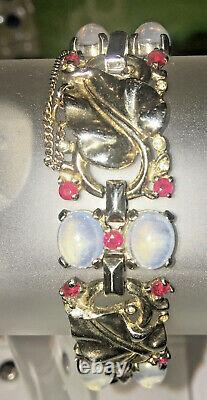 Rare Trifari Alfred Philippe Sterling Ruby Moonstone Leaf Bracelet