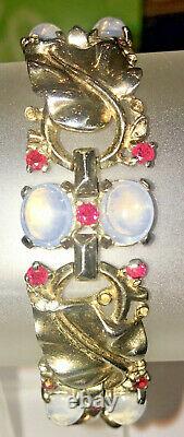 Rare Trifari Alfred Philippe Sterling Ruby Moonstone Leaf Bracelet