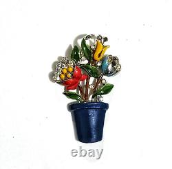 Rare Trifari'Alfred Philippe' Three Enamel Flowers in a Blue Pot Pin Clip