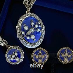 Rare Trifari Philippe-Era Cobalt Enamel Floral Locket Necklace Bracelet Set