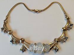 Rare Vintage Alfred Philippe Crown Trifari Moonstone & Blue Rhinestone Necklace