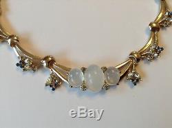 Rare Vintage Alfred Philippe Crown Trifari Moonstone & Blue Rhinestone Necklace