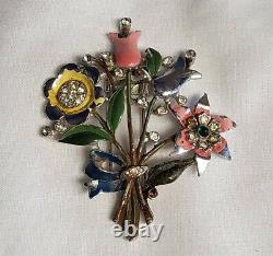 Rare Vintage Crown Trifari Alfred PHILIPPE Enamel Flower BOUQUET Fur Clip 2.5