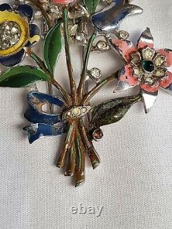 Rare Vintage Crown Trifari Alfred PHILIPPE Enamel Flower BOUQUET Fur Clip 2.5