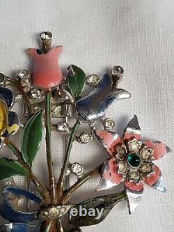 Rare Vintage Crown Trifari Alfred PHILIPPE Enamel Flower BOUQUET Fur Clip 2.5